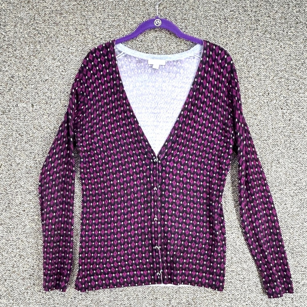 Charter Club Geometric V-Neck Cardigan Button Front Purple Rayon Blend Small